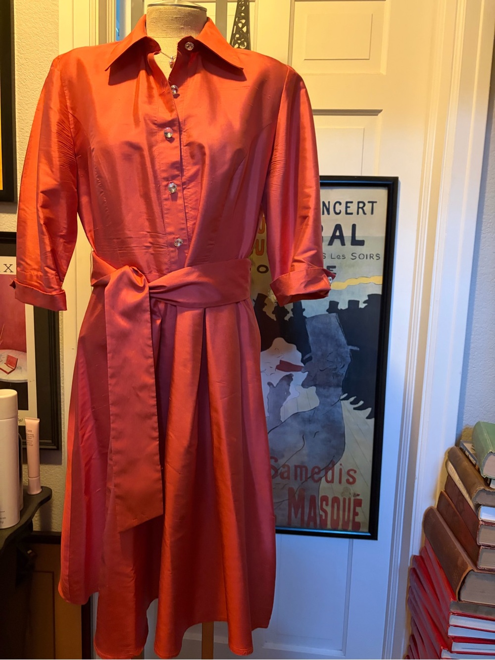 Women's Collared Satin Shirt Dress with Waist Tie - Coral. 1960’s reproduction